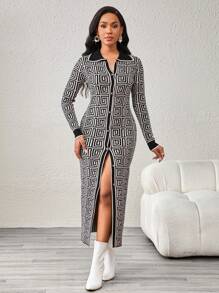 SHEIN Lady Váy len nữ cổ sơ mi và vạt áo hở có họa tiết hình học - Nhiều màu - Xem 5