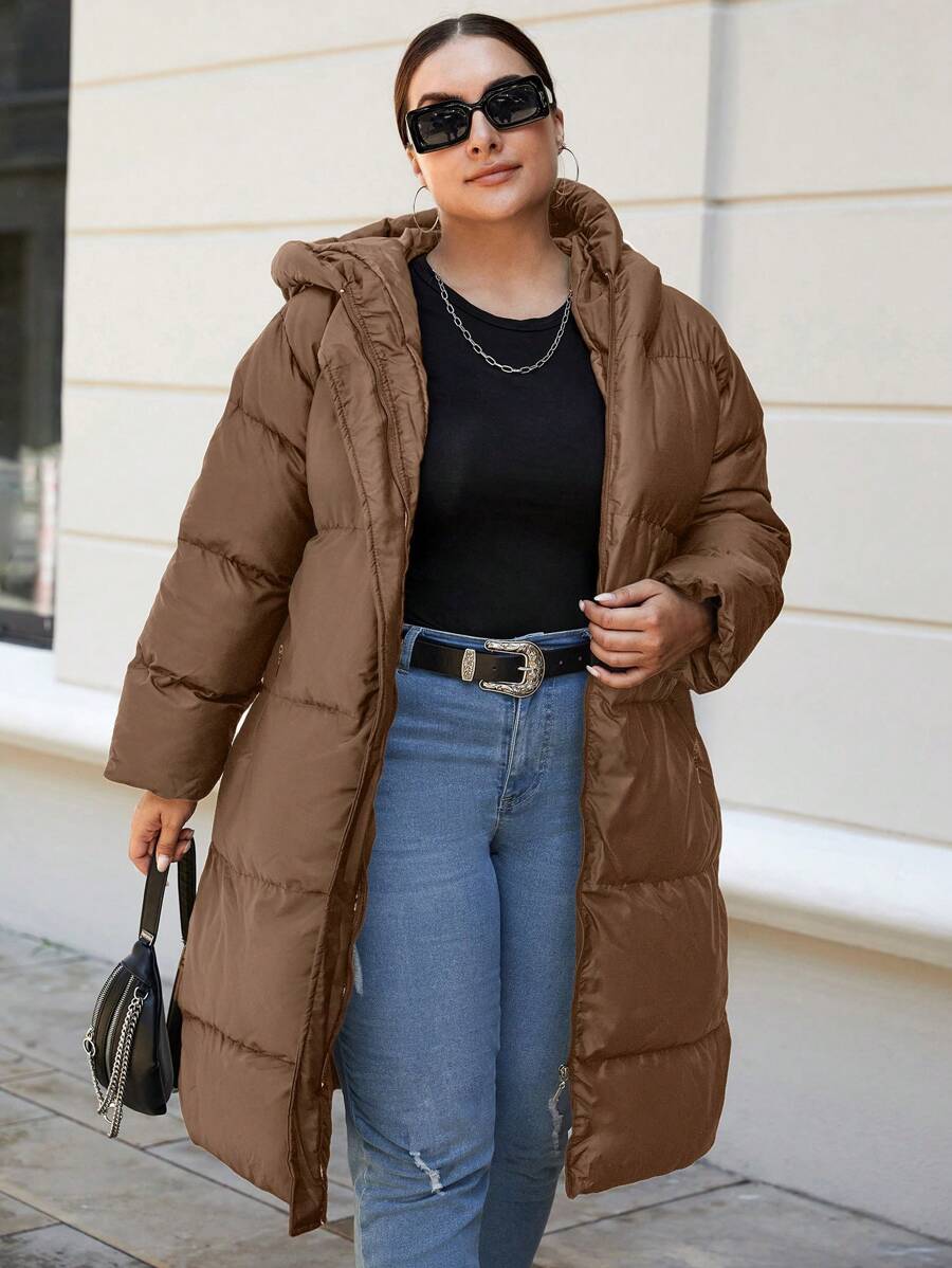 EURMUSE 大码女式连帽棉衣外套，适合冬季 - 摩卡棕 - 查看 1