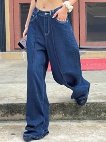 DAZY Women's Solid Color Loose Wide-Leg Long Denim Jeans