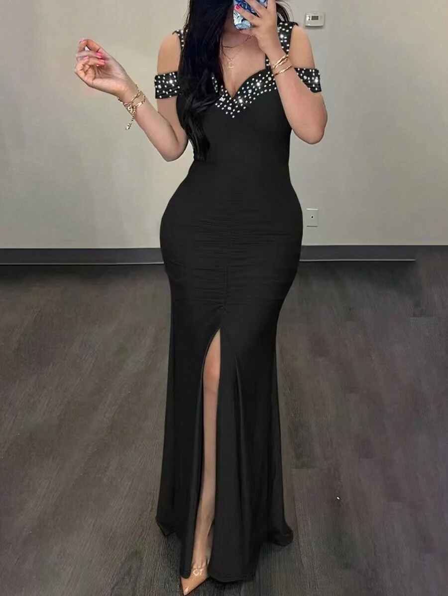 Glamorous Long Knitted Fabric Prom Dress For Women, Featuring Sleeveless Straps,Ruched Details, And A Stylish Split Thigh DesignBlack Rhinestone Off-Shouldelhigh-Slit Bodycon, Autumn &Winter Christmas Party Dressmatric Dance Black DresseS - Black - View 1