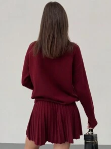 Aloruh 2pcs Women's Set: Wine Red Pleated Skirt + Turtleneck Loose Elegant Sweater For Christmas, New Year, New Year's Eve, Fall And Winter, Elegant,Burgundy