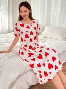 Dream Adore Heart Print Short Sleeve Nightgown Babydoll, Casual & Fashionable For Daily Wear Holidayseason