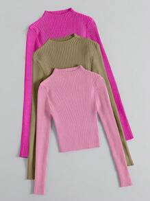 Chiquease 3pcs Mock Neck Ribbed Knit Sweater,Long Sleeve Tops Knit Pullover Fall Winter Outfit - Multicolor - View 3
