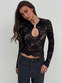 Aloruh 女士镂空长袖蕾丝上衣，性感又时尚 - 黑色 - 查看 7