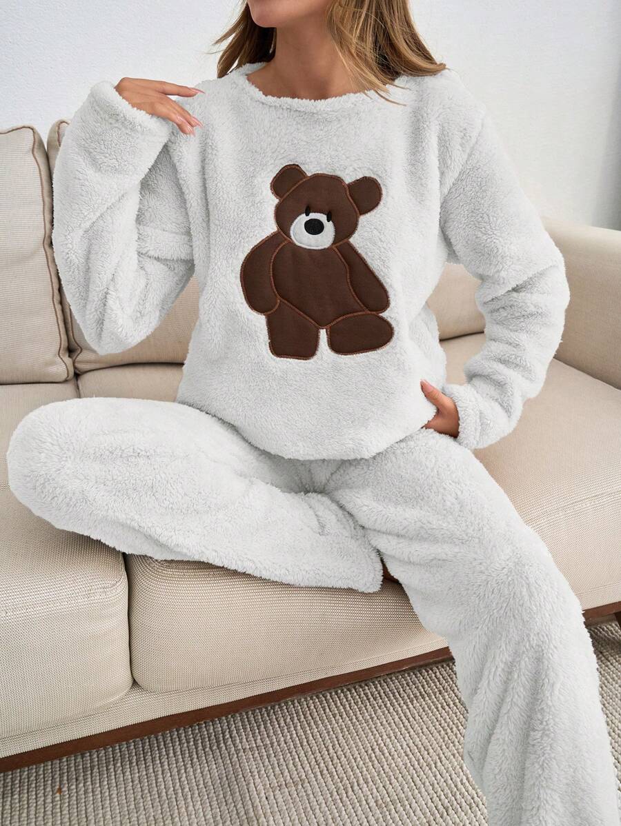 SHEIN Cottnline 2pcs Plush Bear Embroidery Detail Homewear Lounge PJ Set White And Brown White Autumn Cute Casual - White - View 1