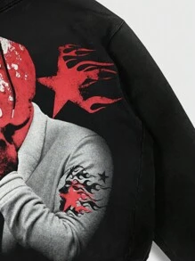 ROMWE MEN Street Life Men's Casual Character Graphic Print Drawstring Hoodie, Autumn/Winter - Black - View 4