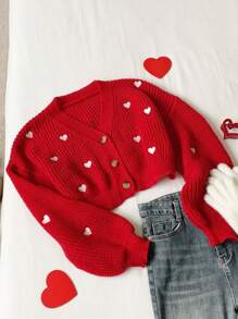 Comfortcana 女士正面纽扣长袖心形细节休闲上衣，日常穿着 - 紅色 - 查看 5