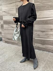 FRIFUL 女式长袖口多层喇叭中长连衣裙，秋季连衣裙 - 黑色 - 查看 4