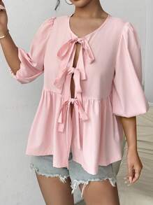 Chiquease Women's Plain & Simple Daily Wear Tie-Up Shirt,Three Quarter Sleeve Tops
