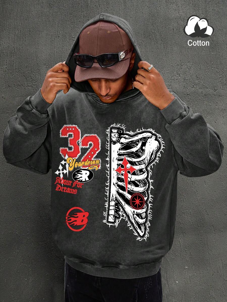 Manfinity EMRG Men's Skeleton & Letter Print Hooded Sweatshirt - Black - View 1