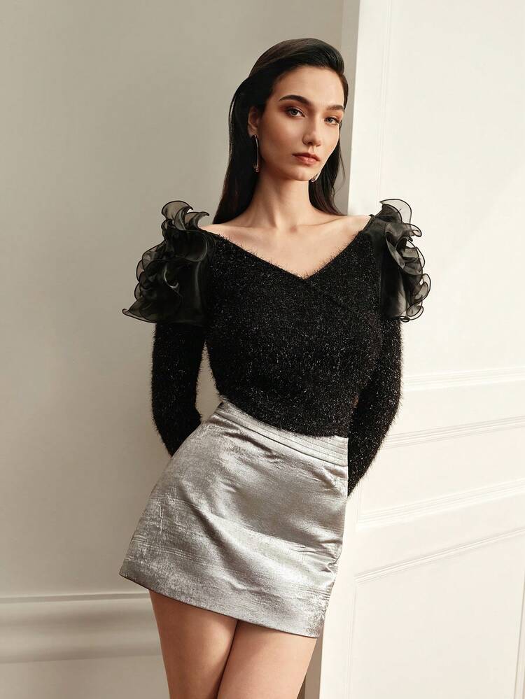 FLUFFY KNIT RUFFLE TRIM TOP