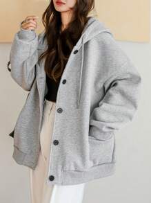 Dazy-Less Thicken Fleece Hooded Loose Solid Color Sweatshirt Sweatshirt For Women,Fall Clothes Jacket,Winter Hoodies - Grey - View 1