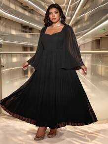 Allurite Plus Size Elegant Banquet Strapless Square Collar Flared Waist Slim Long Black Dress With Inner Lining, Pleated Pearl Chiffon Long Sleeve, For Spring/Autumn Maxi Women Outfit