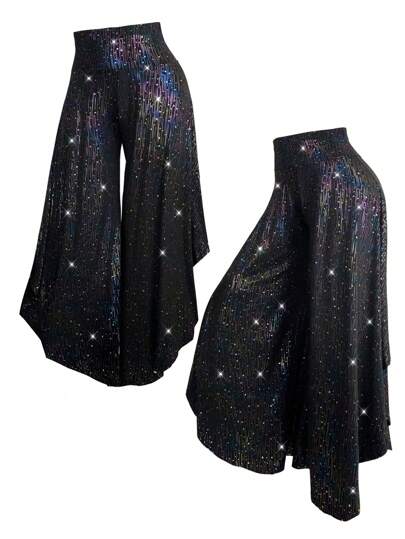 DreamSkyne Plus Size Women Metallic Graphic Asymmetric Hem Wide Leg Pants Fall Cloth For Women
