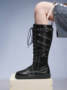 CUCCOO GRLICON 黑色朋克街头风格尖头平底拉链装饰中筒靴，圣诞节和新年假期氛围秋冬日常朋克靴 - 黑色 - 查看 3
