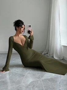 Firerie Robe casual ajustée à manches longues avec col en cœur de couleur unie pour femmes - Militaire verte - Voir 5