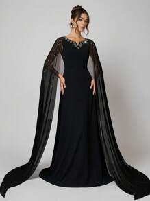 SHEIN Belle 女士奢华针织黑色拼色腰部镶宝石 A 字形正式晚礼服礼服提花连衣裙情人节连衣裙情人节连衣裙黑色鸡尾酒会礼服女士圣诞节黑色晚礼服正式派对礼服秋冬黑色性感网眼长袖伴娘礼服，优雅舞会礼服，适合婚礼嘉宾，毕业典礼，晚宴 - 黑色 - 查看 1