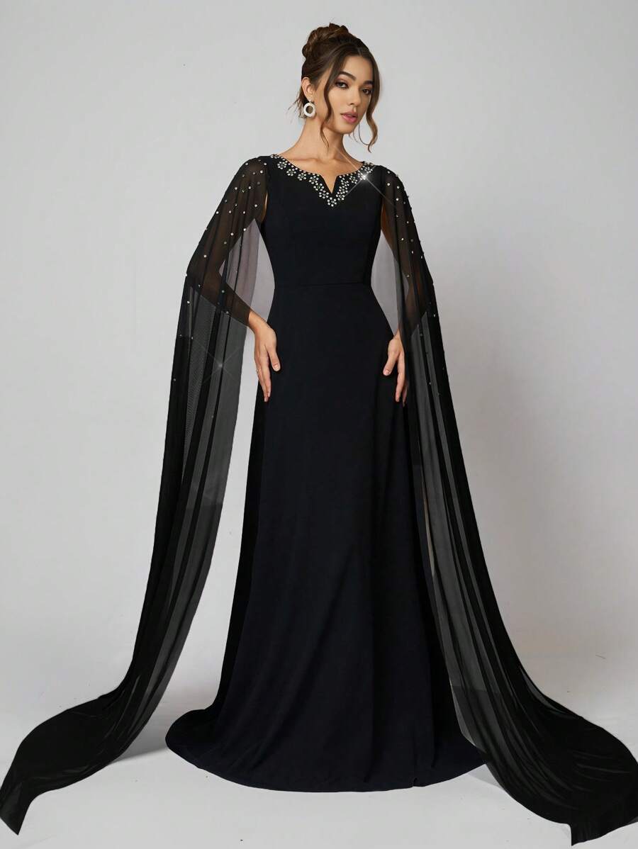 SHEIN Belle 女士奢华针织黑色拼色腰部镶宝石 A 字形正式晚礼服礼服提花连衣裙情人节连衣裙情人节连衣裙黑色鸡尾酒会礼服女士圣诞节黑色晚礼服正式派对礼服秋冬黑色性感网眼长袖伴娘礼服，优雅舞会礼服，适合婚礼嘉宾，毕业典礼，晚宴 - 黑色 - 查看 1