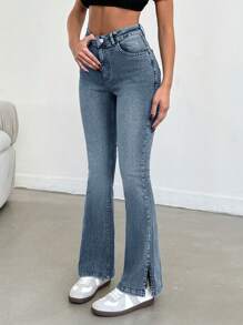 SHEIN PETITE Petite Women High Waist Slit Flare Leg Jeans - Medium Wash - View 3