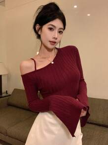 DAZY 女式修身斜肩长袖露肩毛衣秋季 - 紅色 - 查看 2