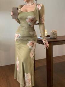 DAZY 2pcs Women Flower Print Minimalist Top And Dress Set, Long Sleeve - Green - View 7