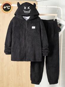 SHEIN Teen Boys 2pcs Casual Smiling Face Embroidered Pattern Hat Devil Horns Styling Clothes White English Weave Mark Double Sided Fleece Black Cardigan Jacket Pants Two Pieces Set Homecoming; Renaissance; Fall Outfits; Teen Boy Clothes; ; Airport; Cocktail Party; Autumn/Winter