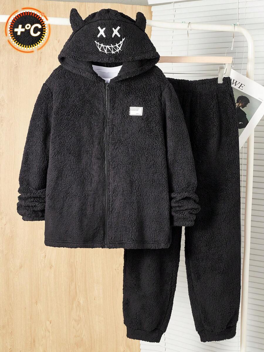 SHEIN Teen Boys 2pcs Casual Smiling Face Embroidered Pattern Hat Devil Horns Styling Clothes White English Weave Mark Double Sided Fleece Black Cardigan Jacket Pants Two Pieces Set Homecoming; Renaissance; Fall Outfits; Teen Boy Clothes; ; Airport; Cocktail Party; Autumn/Winter