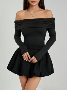 SHEIN PETITE Women's Solid One-Shoulder Long Sleeve Ruffle Hem Mini Dress For Spring & Autumn