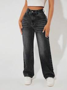 SHEIN PETITE Casual Washed High Waist Straight Leg Jeans - Black - View 5