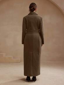 Anewsta Women's Elegant Belted Pocket Lapel Long Wool Blend Coat, Suitable For Fall, Autumn, Winter, Elegant, Chic, New Year, Casual, Christmas, Luxury - Brown - View 2