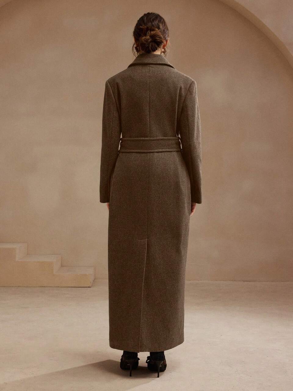 Women's Elegant Belted Pocket Lapel Long Wool Blend Coat, Suitable For Fall, Autumn, Winter, Chic, New Year, Casual, Christmas, Luxury