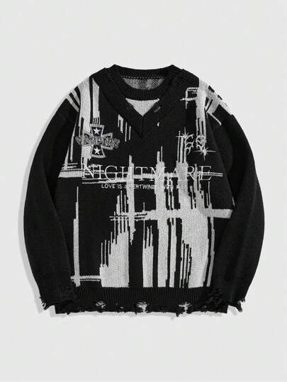 Street Life Herren modischer Jacquard-Strick-Sweater mit doppeltem Kragen, Streetwear, Herbst/Winter