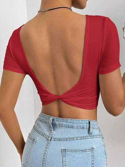 SHEIN EZwear Women Open Back Twist Design Solid Color T-Shirt, Casual & Fashionable Daily Wear