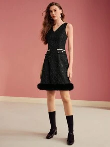MOTF PREMIUM TWEED CONTRAST FUZZY HEM DRESS - Black - View 6