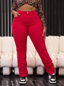Slaydiva Plus Size Women Multi-Pocket Washed Denim Flared Pants, Casual - Red - View 6