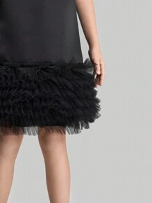 Ontre Tween Girl's Casual Contrast Mesh Splice Dress - Black - View 5