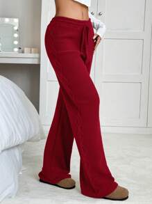 SHEIN EZwear Quần len chui đầu màu đỏ trơn cỡ lớn, thích hợp cho mùa thu đông - Màu Đỏ Sâu - Xem 1