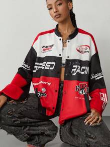 Muchica Áo khoác bomber họa tiết sọc chữ thời trang thu đông cho nữ - Nhiều màu - Xem 7