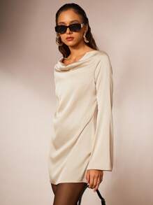 Forever 21 Women's Solid Color Draped Neck Elegant Long Sleeve Mini Dress - Apricot - View 1