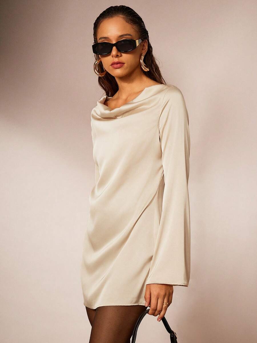 Forever 21 Women's Solid Color Draped Neck Elegant Long Sleeve Mini Dress - Apricot - View 1