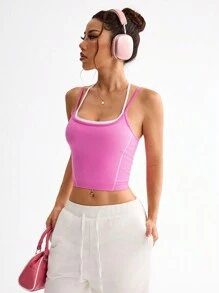 Easithlete Contrast Color Slim-Fit Sleeveless Sports Tank Top, Summer - Pink - View 8