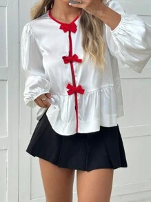 SHEIN EZwear 女式撞色系带长袖休闲衬衫 - 白色 - 查看 1
