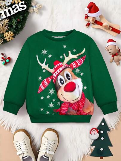Sudadera de cuello redondo para niños pequeños, conjunto a juego de la familia para Navidad, estampado navideño divertido de renos negros con capucha, bufanda, caja de regalo, gráfico de estrella "FELIZ NAVIDAD"