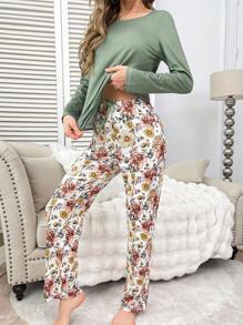 SHEIN 女士优雅纯色上衣搭配碎花长裤睡衣套装，秋冬服装 - 彩色 - 查看 3