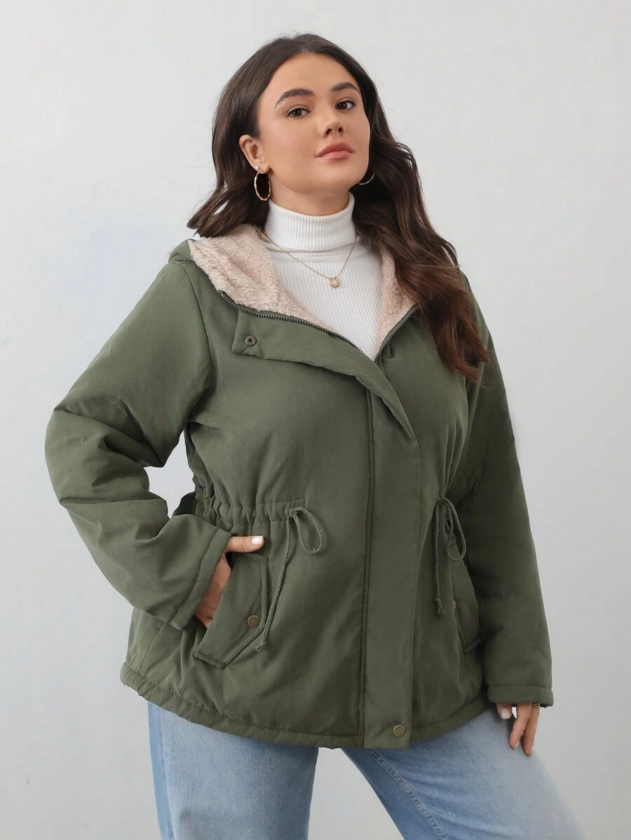 Aveloria Fashionable Minimalist Hooded Cinched Waist Slimming Plus Size Padded Padded Coat Clothes Winter - Army Green - View 1