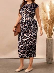 EMERY ROSE 大码女式豹纹圆领扭腰修身优雅连衣裙长款女式服装 - 彩色 - 查看 3