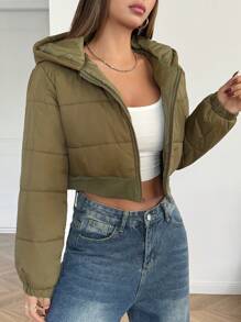 SHEIN 少女纯色短款连帽绗缝休闲街头风保暖加厚外套/棉服 - 軍綠色 - 查看 5