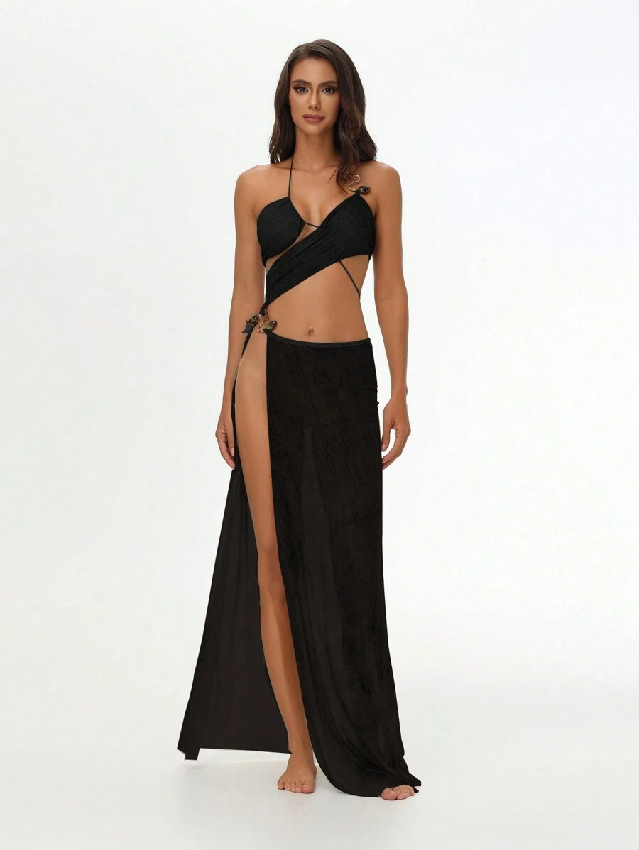 New Women's Solid Color Mesh Beach Cover-Up Swimsuit, Suitable For Summer Vacation - Black - View 1