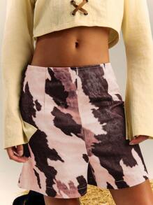 SHEIN Unity Denim Effect Cow Pattern Bermuda Shorts, New Year - Multicolor - View 8