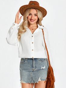 SHEIN LUNE 女式可追溯棉质舒适透气白色褶皱下摆 V 领长袖衬衫，秋冬 - 白色 - 查看 3